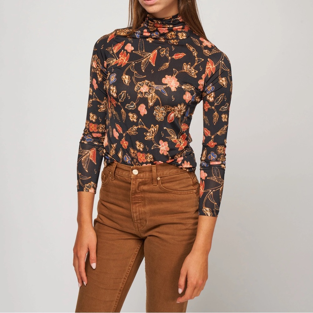 Ulla Johnson Sheer Black Floral Aurelia Turtleneck Odessa Bodycon Blouse size XS